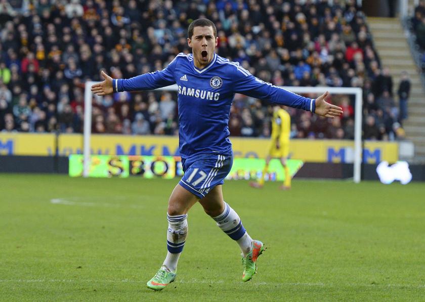 Chelseau00e2u20acu2122s Eden Hazard celebrates scoring his goal against Hull City during their English Premier League match at The KC Stadium in Hull, northern England, January 11, 2014. u00e2u20acu2022 Reuters pic