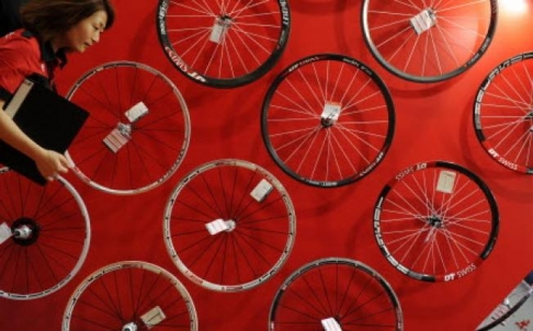 Wheels displayed at the China International Bicycle Fair in Shanghai. u00e2u20acu2022 AFP pic