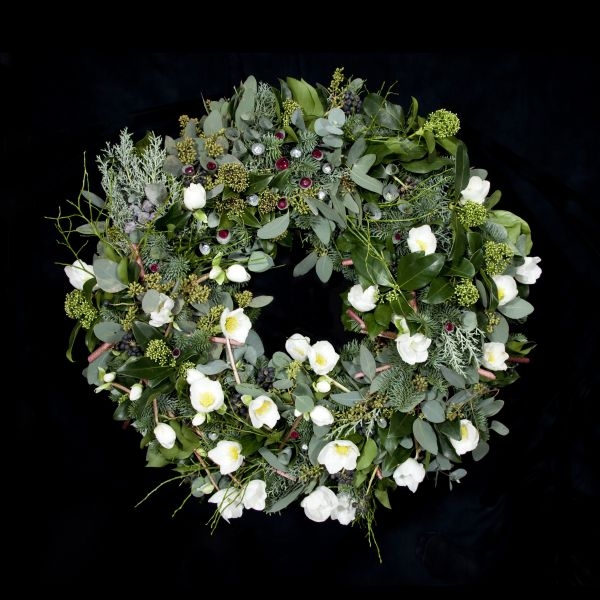 The wreath is made from some of the most luxurious flowers in the world, including Hedera berries, Nobilis, lingonberry and blueberry stems and hand-curled eucalyptus leaves.