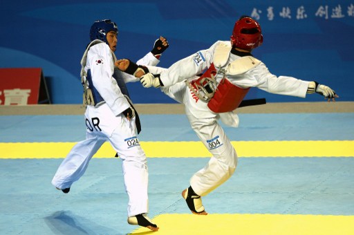 Lee Joo Seong of South Korea (left) fights against Bai Xinlong of China during their men's 63-68kg teakwondo final bout at the 6th East Asian Games in Tianjin on October 9, 2013. u00e2u20acu201d AFP pic