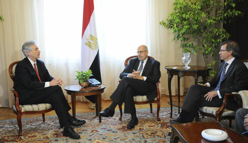 Egypt's interim Vice President Mohamed ElBaradei (C) speaks with U.S. Deputy Secretary of State William Burns (L) during their meeting with high delegations in Cairo in this handout picture dated August 3, 2013. Senior U.S. and European envoys met the for