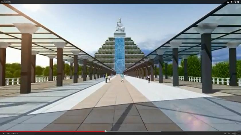 A still image from an Enchant Acres promotional video depicts a computer rendering of the project's 30-storey pyramid.