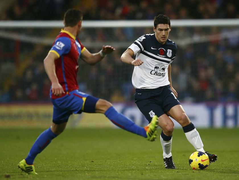 Crystal Palace’s Joel Ward (left) challenges Everton’s Gareth Barry during their English Premier League match at Selhurst Park in London, November 9, 2013. — Reuters pic