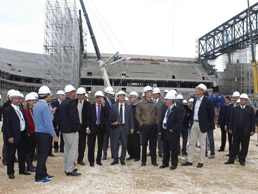 FIFA Secretary General Jerome Valcke (fifth from right) tour the construction site of the Arena da Baixada Stadium, in Curitiba, southern Brazil, August 19, 2013. u00e2u20acu201c Reuters pic