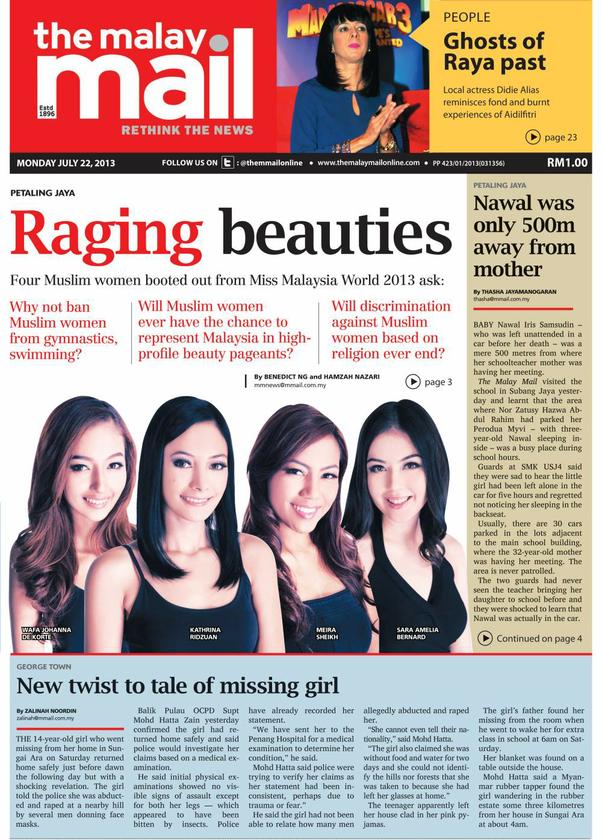 FLASHBACK: The Malay Mailu00e2u20acu2122s front page yesterday on the four furious young Muslim women who got the boot from Miss Malaysia World 2013.