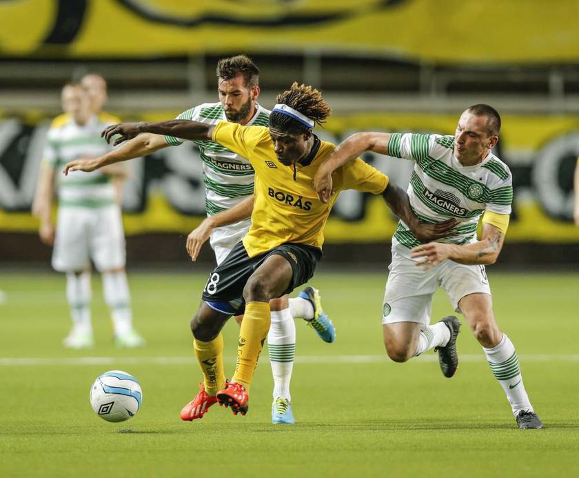 Elfsborgu00e2u20acu2122s Mohamed Bangura (centre) battles for the ball with Celticu00e2u20acu2122s Charlie Mulgrew (left) and Scott Brown during their Champions League qualification match in Boras, Sweden on August 7, 2013. u00e2u20acu201d Reuters pic