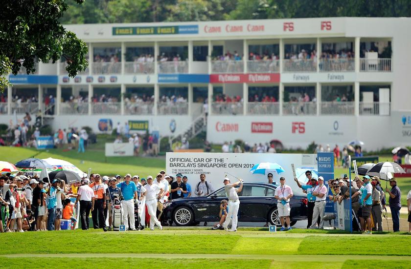 Then world number one Rory McIlroy tees off against a backdrop of a wealth of sponsors at the Singapore Open 2012. u00e2u20acu201d Picture courtesy of the Barclays Singapore Open