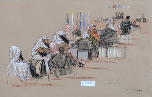 In this photo of a sketch, the five accused 9/11 co-conspirators are shown observing during a pre-trail hearing at the US Naval Base Guantanamo Bay, Cuba, August 19, 2013. u00e2u20acu201d Reuters pic