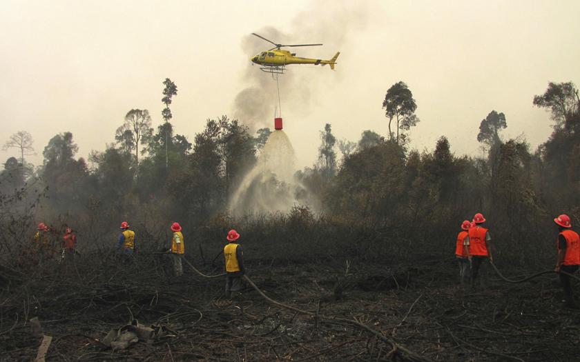 A helicopter drops water on burnt peatland in Siak district of Riau province June 24, 2013. u00e2u20acu201d Reuters pic
