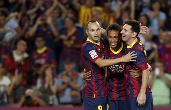 Barcelonau00e2u20acu2122s Neymar (centre), Lionel Messi (right) and Andres Iniesta celebrate a goal against Real Sociedad during their Spanish first division league match in Barcelona, September 24, 2013. u00e2u20acu201d Reuters pic