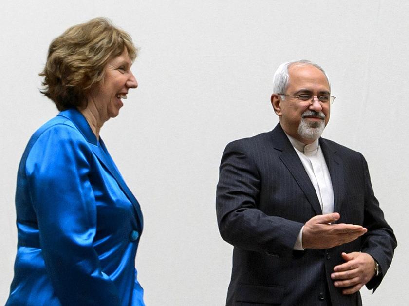 Iranian Foreign Minister Mohammad Javad Zarif and European Union foreign policy chief Catherine Ashton before the start of two days of closed-door nuclear talks at the United Nations offices in Geneva October 15, 2013 Reuters pic