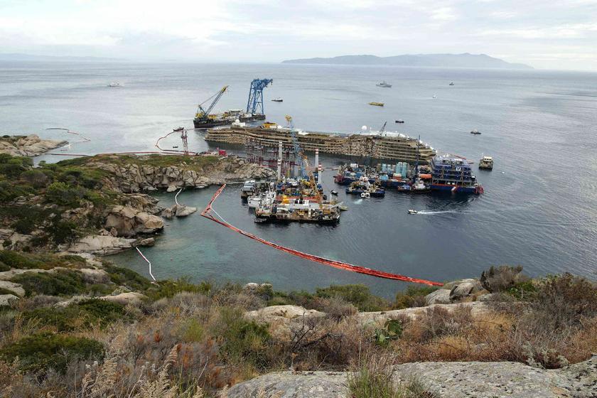 The capsized cruise lineru00c2u00a0Costau00c2u00a0Concordiau00c2u00a0seen at the end of the 'parbuckling' operation outsideu00c2u00a0Giglio harbour Septemberu00c2u00a017, 2013 Reuters pic