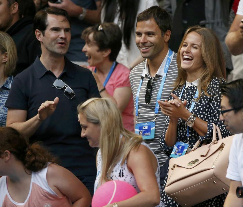 British comedian Jimmy Carr (L) and Kim Sears (R), girlfriend of Andy Murray of Britain, attend his men's singles match against Feliciano Lopez of Spain at the Australian Open 2014 tennis tournament in Melbourne January 18, 2014. u00e2u20acu201d Reuters pic