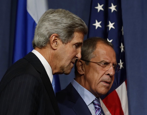 US Secretary of State John Kerry walks next to Russian Foreign Minister Sergey Lavrov before delivering opening remarks to the media prior to their meeting to discuss the ongoing crisis in Syria, in Geneva September 12, 2013. u00e2u20acu201d Reuters pic