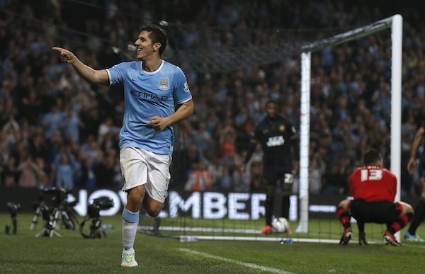 Manchester Cityu00e2u20acu2122s Stevan Jovetic celebrates after scoring during their English League Cup match against Wigan Athletic in Manchester September 24, 2013. u00e2u20acu201d Reuters pic