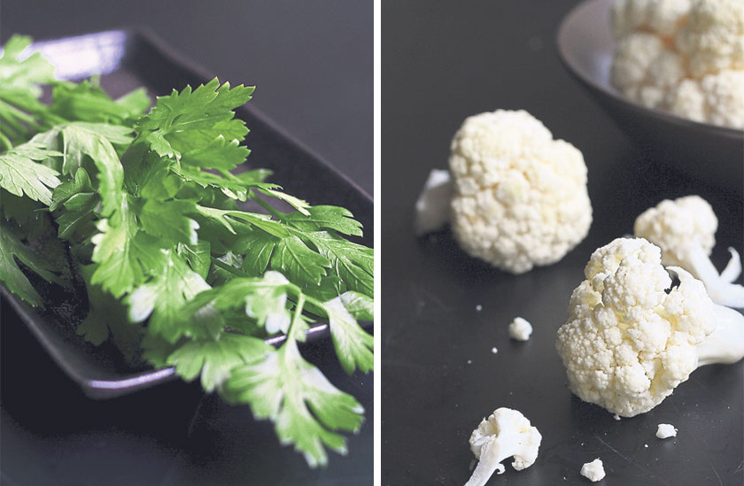 Parsley is used for the gremolata of lemon zest, parsley, and garlic to serve with the lamb stew as a condiment (left). Cauliflower is a nutritious substitute for potato when creating a side of mash (right)