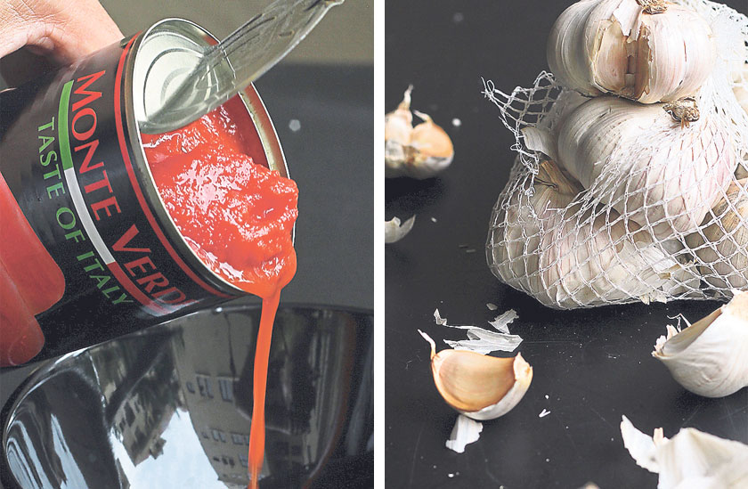 Plum tomatoes add depth to the lamb stew (left). Aromatic garlic is one third of the gremolata condiment (right)