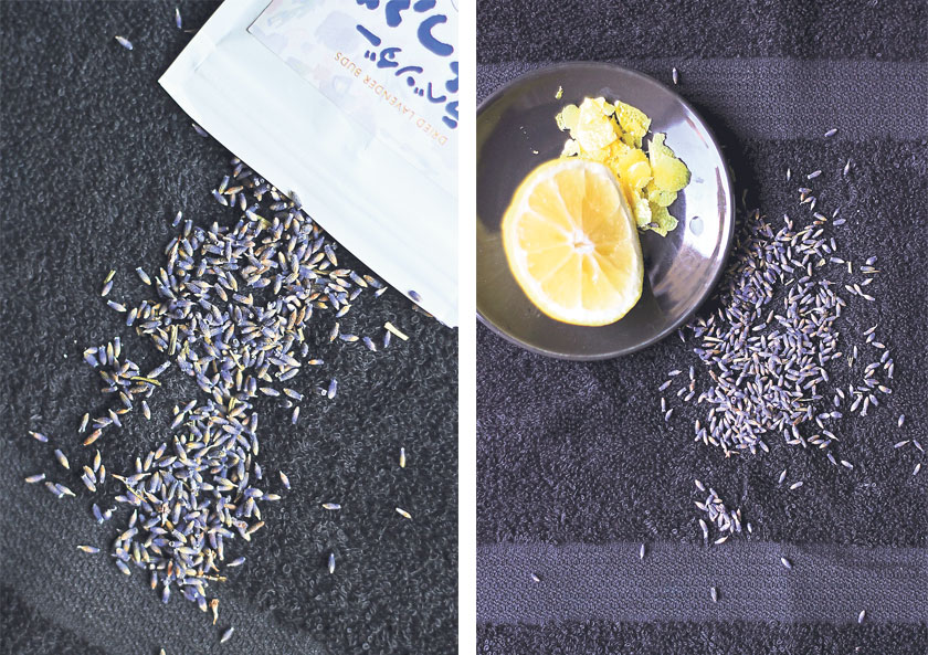 Kept in an airtight container, lavender buds retain their heady scent for months, if not longer (left). Lemon zest adds a lovely zing when paired with lavender (right)