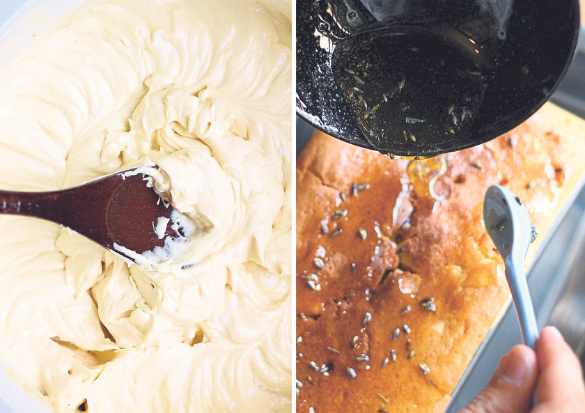 Gently fold the egg whites into the batter (left). Drizzle the lavender-lemon-honey glaze over the salt crusted surface of the cake (right)