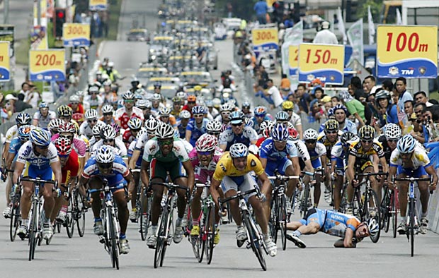 A cyclist falls while powering towards the finishing line of the fourth stage of Le Tour de Langkawi in Bangi, outside Kuala Lumpur in this file photo. u00e2u20acu201d AFP pic