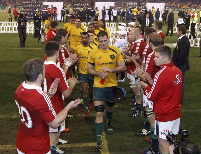 British and Irish Lions players applaud as Australia Wallabies captain James Horwill leads his team off the field after their rugby union test match at the Etihad Stadium in Melbourne June 29, 2013. u00e2u20acu201c Reuters pic