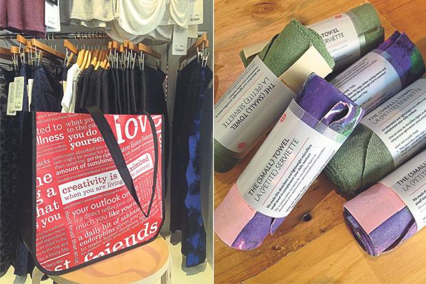 The brand’s manifesto is emblazoned across their shopping bags (left). Highly absorbent microfibre towels (right)