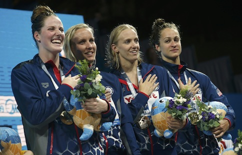 (From left to right) Missy Franklin, Jessica Hardy, Dana Vollmer and Megan Romano of the US pose with their gold medals at the womenu00e2u20acu2122s 4x100m medley relay victory ceremony during the World Swimming Championships in Barcelona August 4, 2013. u00e2u20acu201d Reuters 