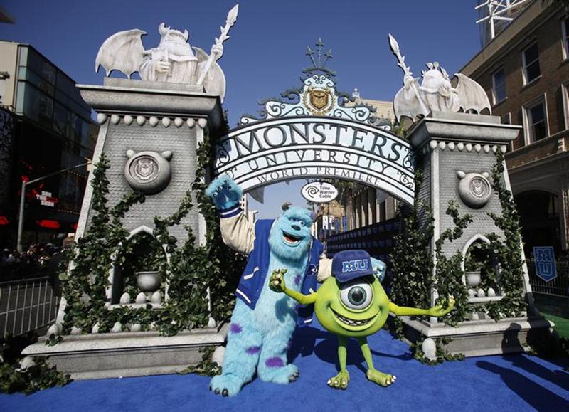 Life-sized characters of Mike (right) and Sullivan pose at the premiere of the film 'Monsters University' at El Capitan theatre in Hollywood, California June 17, 2013. _ Reuters pci