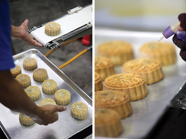 Tuck Chan uses machines to shape and press out the mooncakes (left). Whisked egg yolk is sprayed numerous times over the mooncake for a golden brown skin (right)