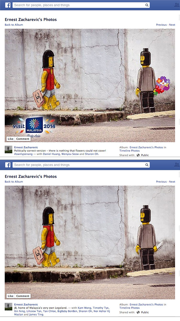 A comparison of the before and after renditions of the Ernest Zacharevic mural in Johore Bahru. — Screenshot from the artist's Facebook page