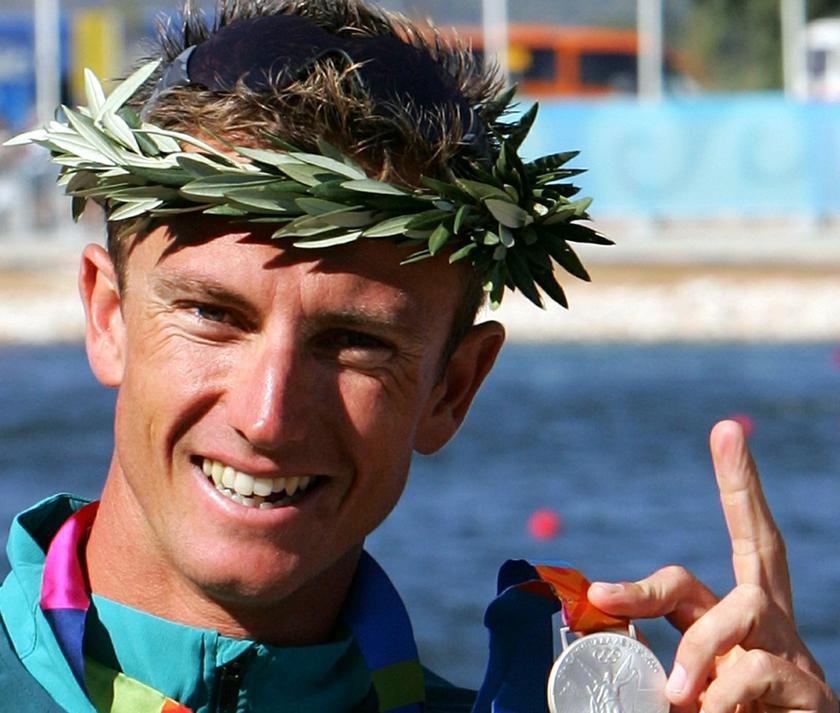 Australia's Nathan Baggaley displays his silver medal during a podium ceremony after the men's K2 500 metres sprint competition at the Athens 2004 Olympic Summer Games in this August 28, 2004 file photo. Reuters pic