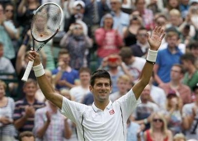 Novak Djokovic celebrates after defeating Florian Mayer in their menu00e2u20acu2122s singles tennis match at the Wimbledon Tennis Championships in London on June 25, 2013. u00e2u20acu201d Reuters pic