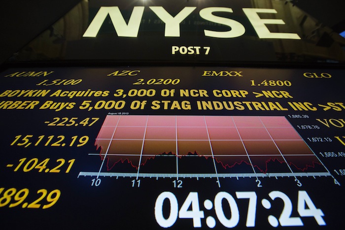 A screen showing the day's final numbers is displayed above the floor of the New York Stock Exchange shortly after the closing of the market in New York, August 15, 2013. u00e2u20acu201d Reuters pic 
