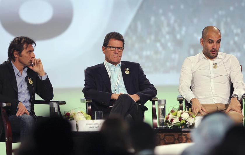 Bayern Munich's head coach Pep Guardiola (right), Russia's coach Fabio Capello (centre) and Juventus' coach Antonio Conte attend the eighth Dubai International Sports Conference, in Dubai December 28, 2013. u00e2u20acu201d Reuters pic