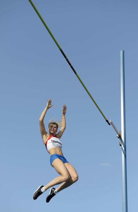 Russia's Angelina Zhuk-Krasnova competes during the women's pole vault final at the European Athletics U23 Championships in Tampere, Finland, July 13, 2013. — Reuters pic