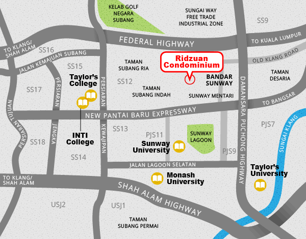 Map showing the location of Ridzuan Condominium, and its proximity to several colleges and universities.