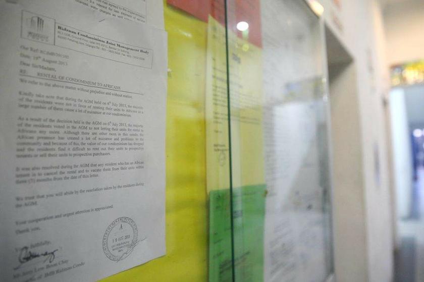 The memo on the move banning the renting of units to ‘African’ tenants affixed to a notice board at Ridzuan Condominium.
