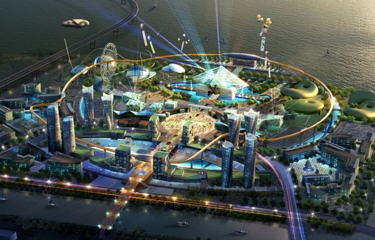 An artist rendering of the park, at night.