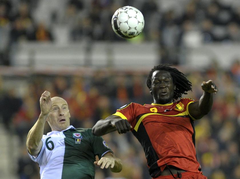 Belgium's Romelu Lukaku (right) and Wales' James Collins (left) jumps for a header during their 2014 World Cup qualifying match at King Baudouin stadium in Brussels October 15, 2013. — Reuters pic