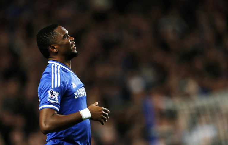  Chelsea's Cameroonian striker Samuel Eto'o celebrates after scoring his third goal during the English Premier League football match between Chelsea and Manchester United at Stamford Bridge in London on January 19, 2014. u00e2u20acu201d AFP pic