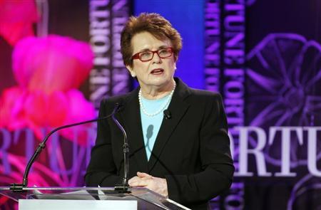 nnBillie Jean King, co-founder of World Team Tennis and president of Billie Jean King Enterprises, Inc. gives the introduction on sports and leadership, forty years after Title IX to Fortune's Most Powerful Women Summit in Laguna Niguel, California Octobe