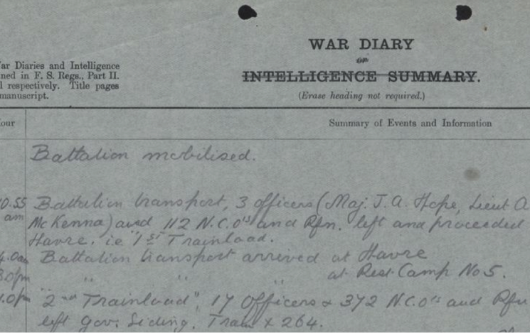 Screenshot of a British WWI diary page published online. — operationwardiary.org pic