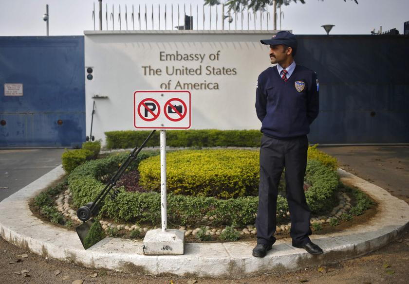 A private security guard stands outside the US embassy in New Delhi December 18, 2013. u00e2u20acu201d Reuters pic