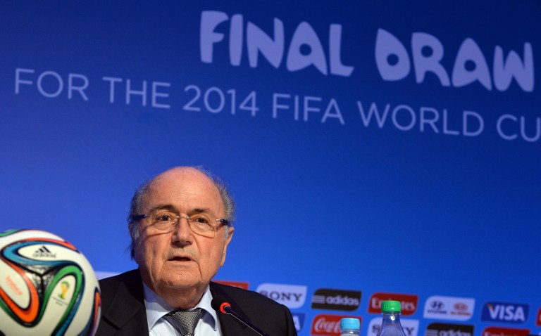  FIFA President Sepp Blatter gives a press conference on the eve of the Brazil 2014 FIFA Football World Cup final draw, in Costa do Sauipe, state of Bahia, on December 5, 2013.