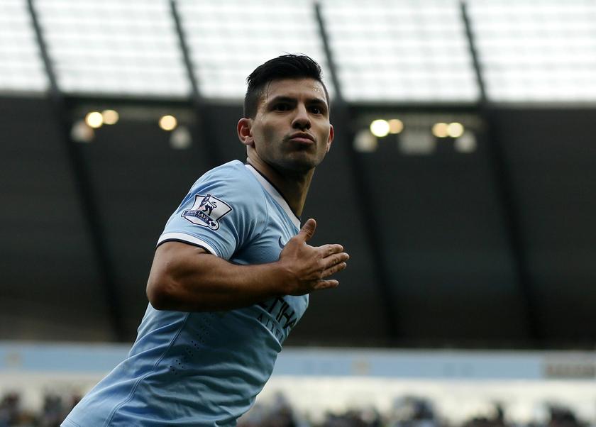 Manchester City's Sergio Aguero celebrates his goal during their English Premier League soccer match against Arsenal at the Etihad stadium in Manchester, northern England December 14, 2013. u00e2u20acu201d Reuters pic