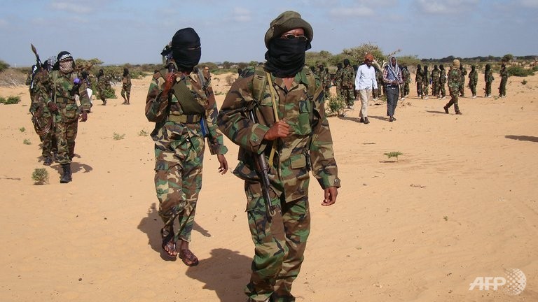 Al-Shebab rebel fighters gather in the Somali town of Elasha Biyaha. u00e2u20acu201d AFP pic