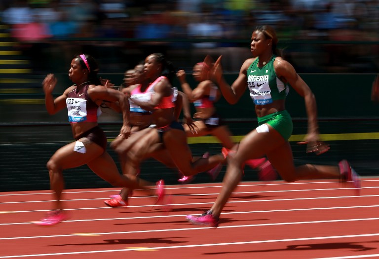 Shelly-Ann Fraser-Price of Jamaica leads the 100m during day 2 of the IAAF Diamond League Prefontaine Classic on June 1, 2013 at the Hayward Field in Eugene, Oregon. u00e2u20acu201d AFP pic