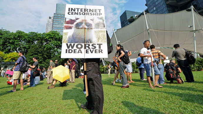 A protester stands with a placard during a rally at a free-speech park called Speakers' Corner in Singapore on June 8, 2013. u00e2u20acu201d AFP pic