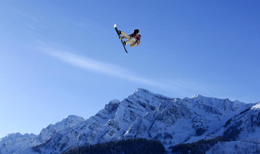 US snowboarder Chas Guldemond takes air off a jump during slopestyle snowboard training at the 2014 Sochi Winter Olympics in Rosa Khutor February 4, 2014.