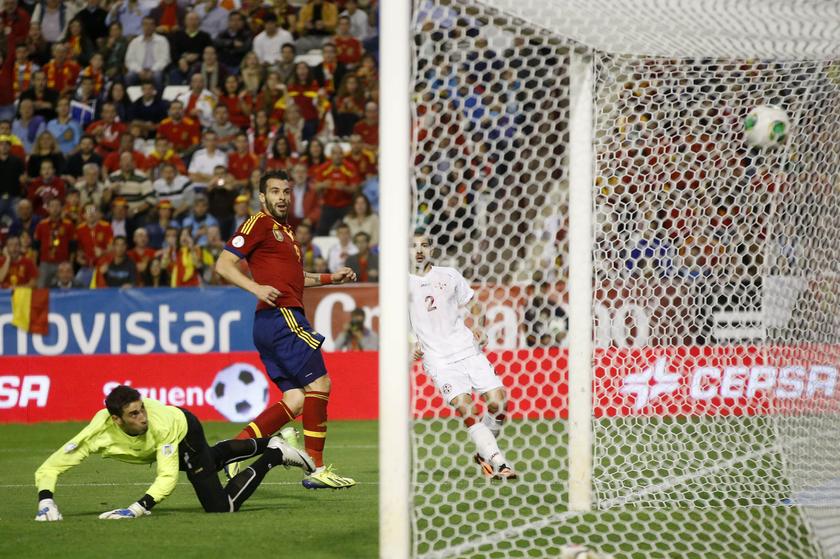Spain's Alvaro Negredo scores during their 2014 World Cup qualifying match against Georgia at Carlos Belmonte stadium in Albacete October 15, 2013. u00e2u20acu201d Reuters pic